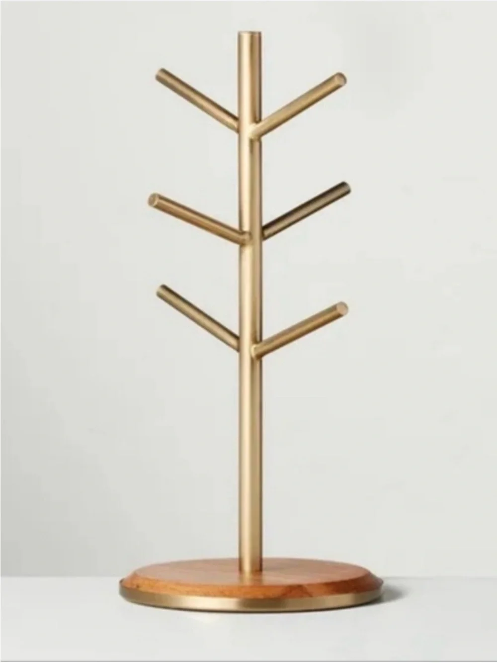 Hearth & Hand with Magnolia Brass & Wood Mug Tree Wooden Stand for 6 Mugs